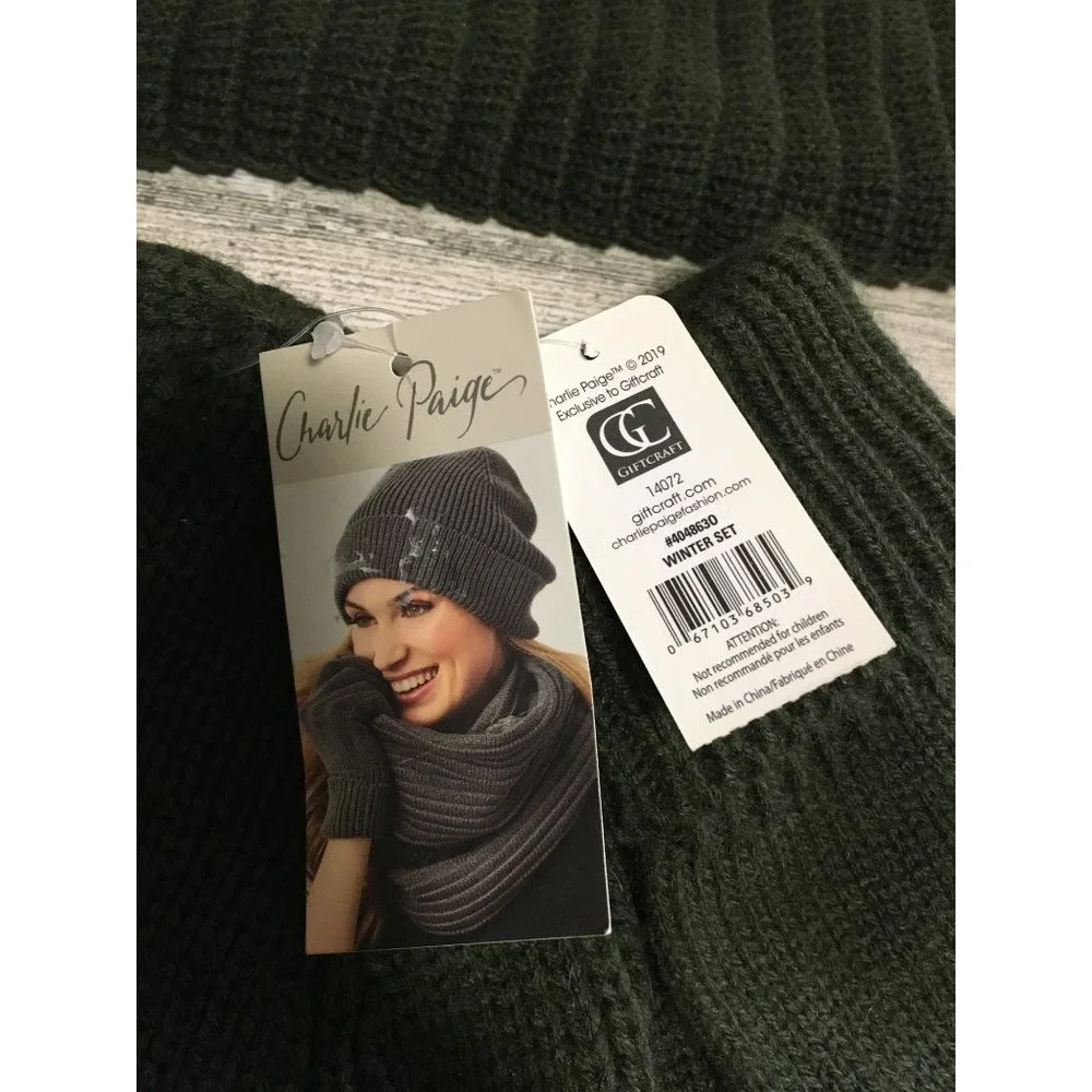 Charlie Paige deep olive green infinity scarf beenie & gloves set